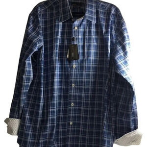 Quieti Mens Fine Cotton Dress Shirt Blue Plaid w/Cuff Contrast SZ XXL NWT